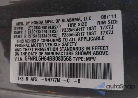 2011 Honda Odyssey Ex-L z USA, uszkodzony, nr VIN 5FNRL5H64BB083568